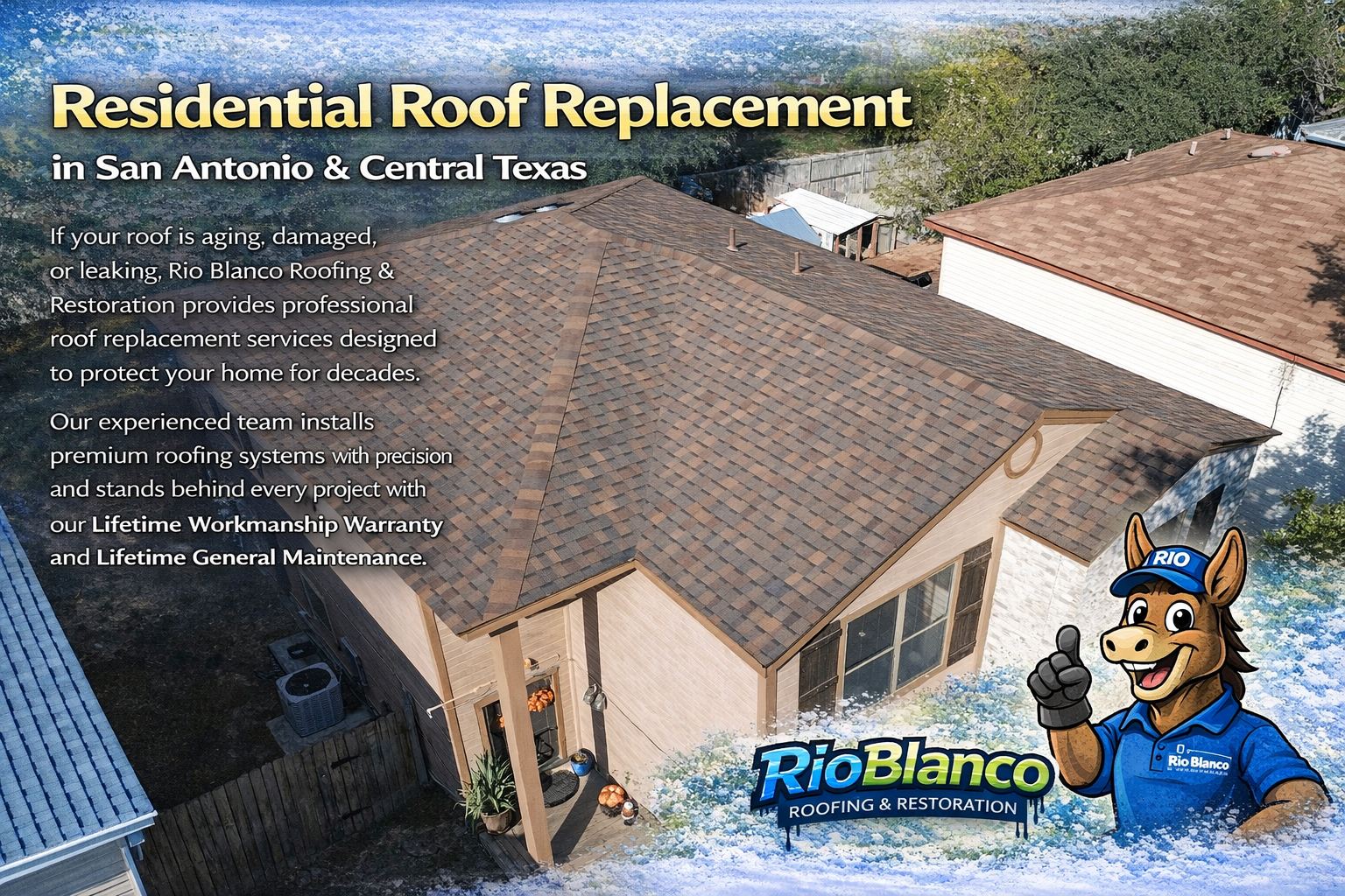 Advertisement for Rio Blanco roofing services showing a house with a new roof and a cartoon donkey mascot giving a thumbs up.