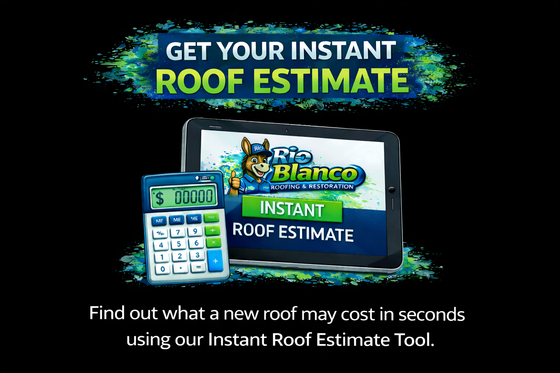 A Rio Blanco roof estimate ad with a calculator and tablet against a black background.