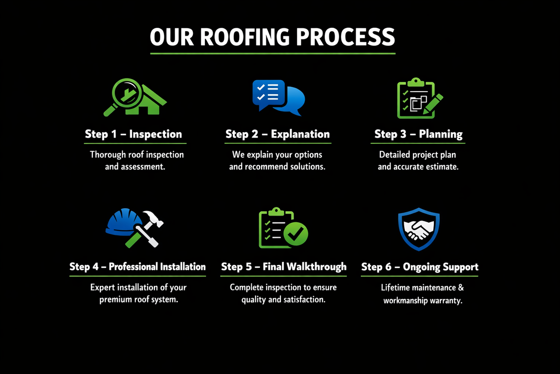 A six-step infographic on a black background outlining a roofing process from inspection and planning to final support.