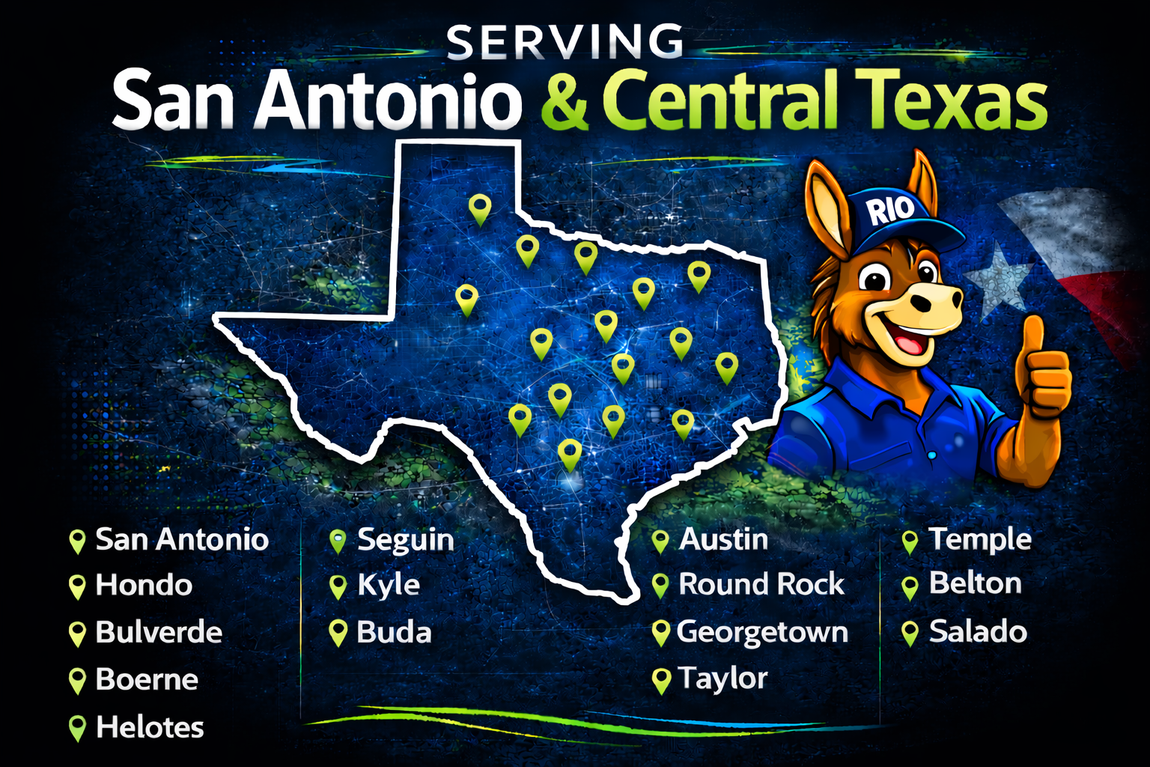 A Texas map graphic with a cartoon donkey mascot, featuring a list of cities served in San Antonio and Central Texas.
