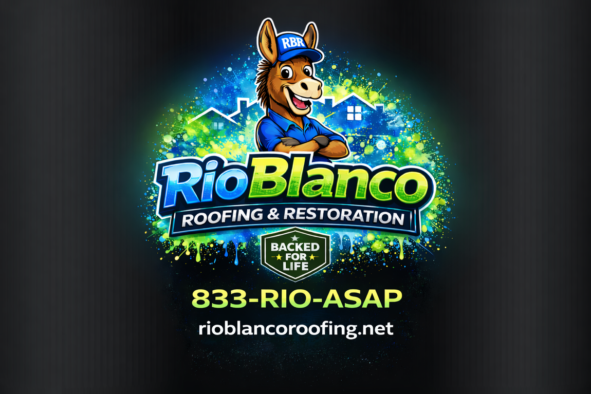 Logo for Rio Blanco Roofing & Restoration featuring a cartoon donkey, contact phone number, and website on a dark background.