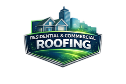 A logo for a roofing company with an illustration of houses and buildings, featuring the text 