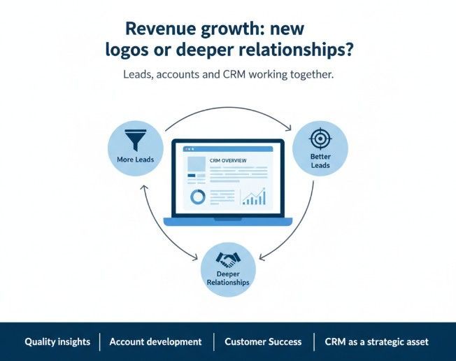 Diagram showing how leads, accounts, and CRM work together to increase revenue through deeper relationships.