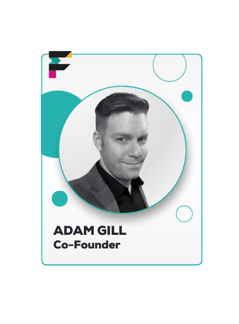 Adam Gill, co-founder, in a circular portrait. White frame with turquoise accents and a logo.