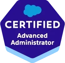 Salesforce Certified Advanced Administrator badge. Dark blue, light blue accents, white text, cloud logo.