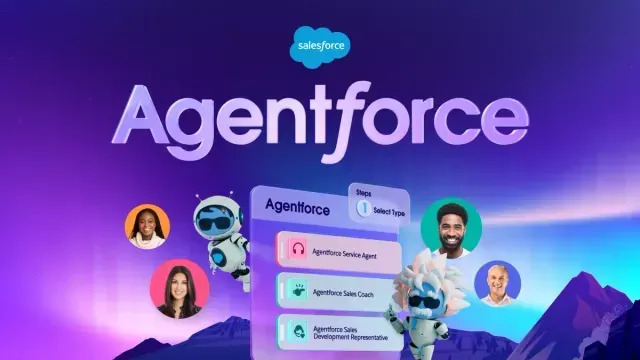 Salesforce Agentforce ad featuring cartoon robots, diverse faces, and a user interface on a purple background.