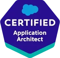 Salesforce Certified Application Architect badge: blue, white, and teal colors; cloud logo.