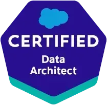 Salesforce Certified Data Architect badge: blue and teal hexagon with white text and Salesforce logo.