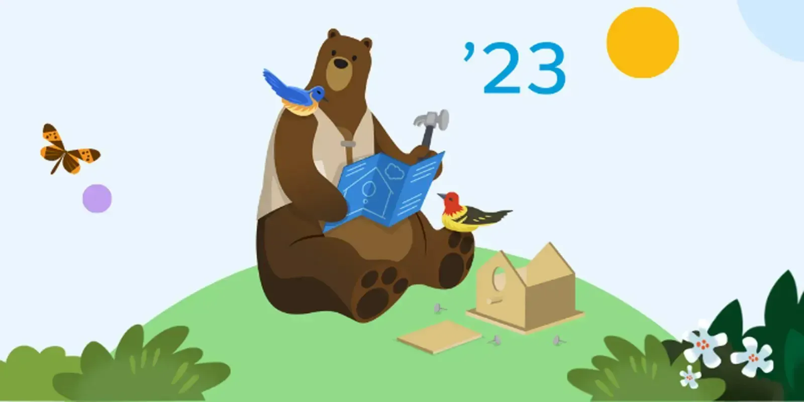 Bear constructing a birdhouse with a bird, a blue print, and birds, under a sunny sky in 2023.