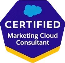 Salesforce Certified Marketing Cloud Consultant badge: blue and yellow octagon with cloud symbol and white text.