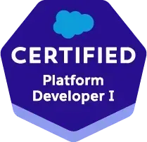 Salesforce Certified Platform Developer I badge: blue hexagon with cloud logo and white text.