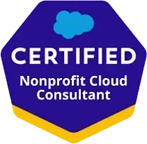 Salesforce Certified Nonprofit Cloud Consultant badge, blue and gold, with Salesforce cloud logo.