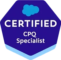 Salesforce Certified CPQ Specialist badge: Blue hexagonal logo with white text and Salesforce cloud icon.