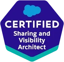 Salesforce Certified Sharing and Visibility Architect badge, dark blue and teal, with a cloud logo.