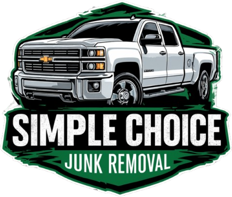 White pickup truck with "SIMPLE CHOICE JUNK REMOVAL" text in a green and black badge.