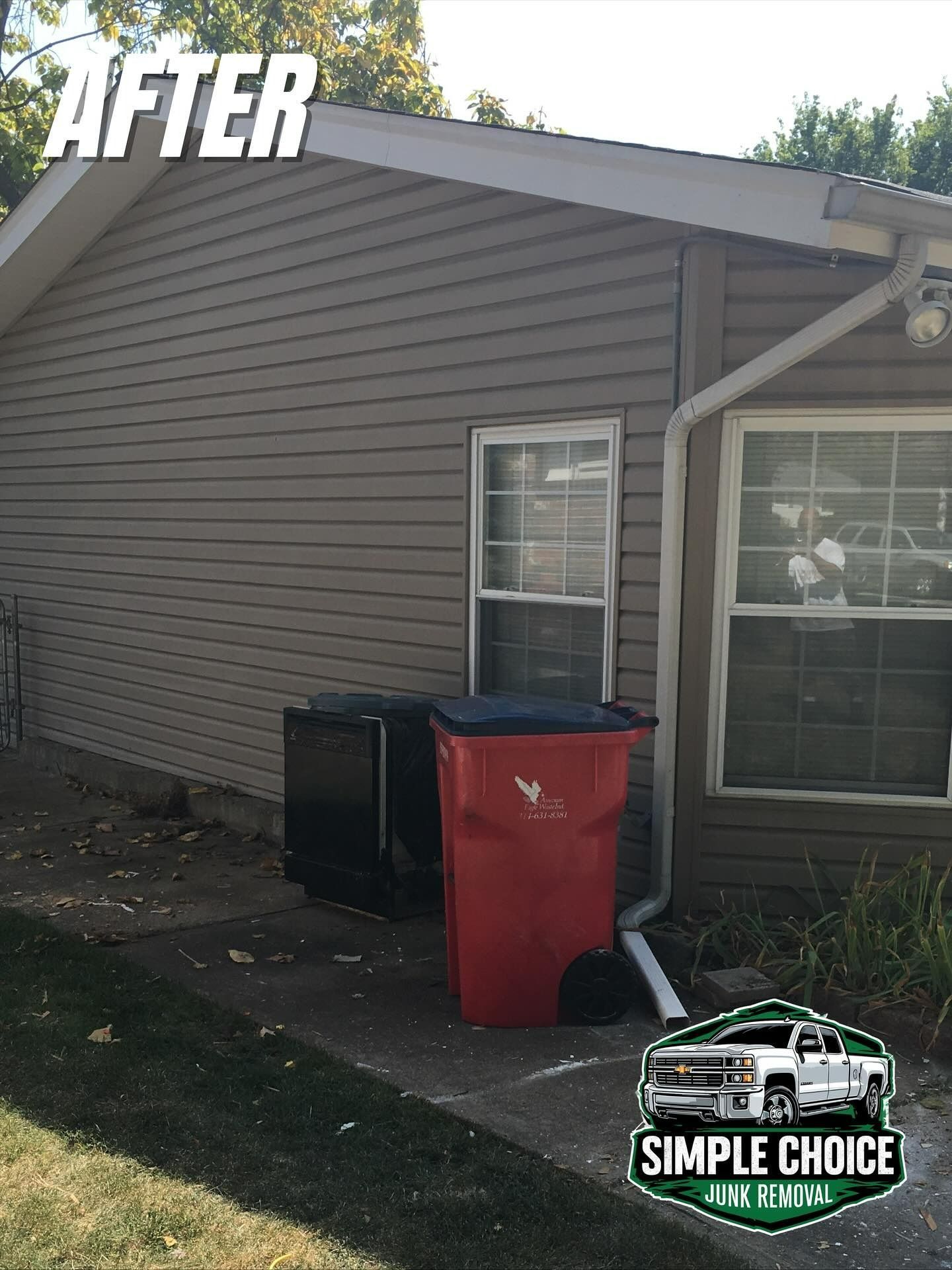 Tan siding on a house, two trash cans, a window, and a gutter, with “AFTER” and a logo.