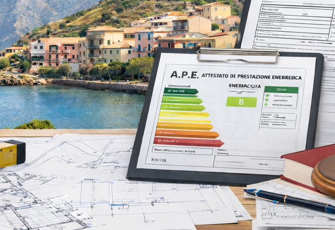 Certificato di prestazione energetica (APE) su un blocco appunti, con planimetrie su una scrivania, sullo sfondo di una pittoresca cittadina costiera.