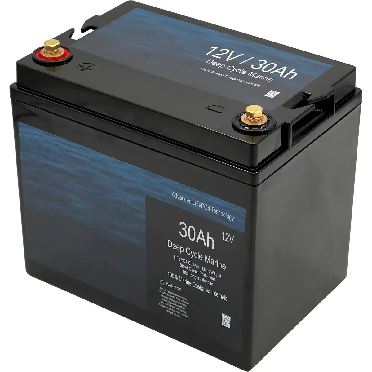A black battery with a blue label that says 30ah on it.