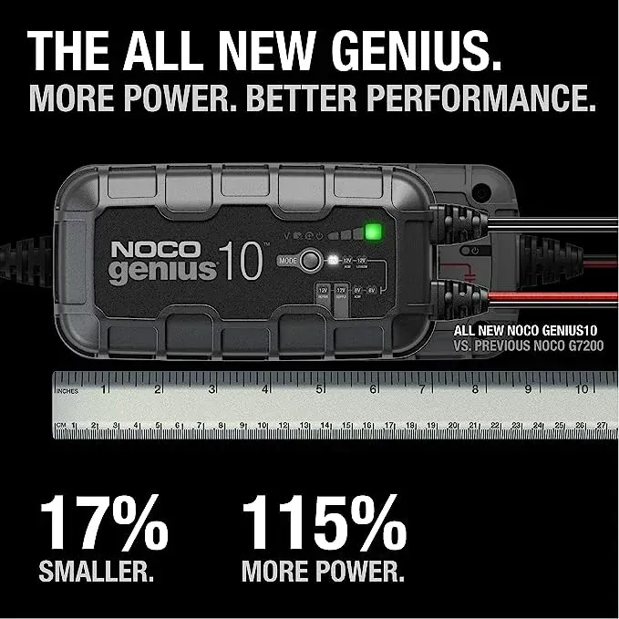 A picture of a noco genius 10 battery charger with a ruler next to it.