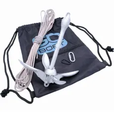 An anchor and rope are in a black bag with the word boat on it