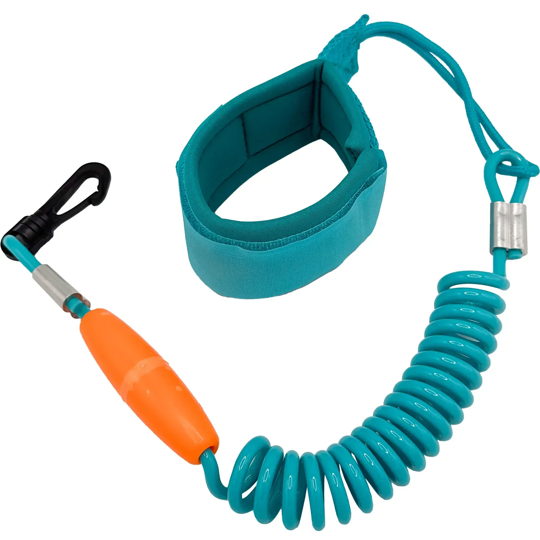 A blue wrist strap with a coiled cord attached to it