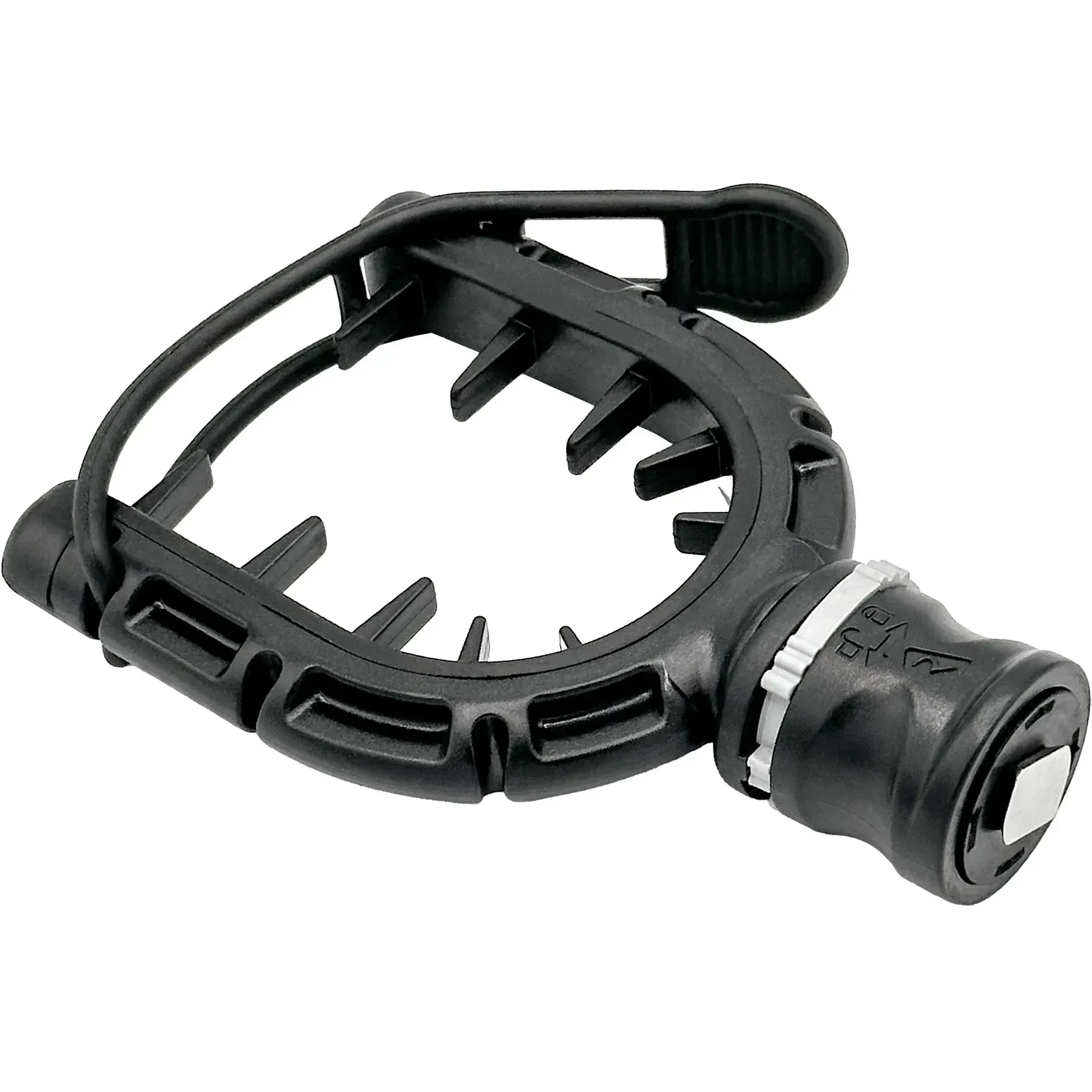 A close up of a black object on a white background.