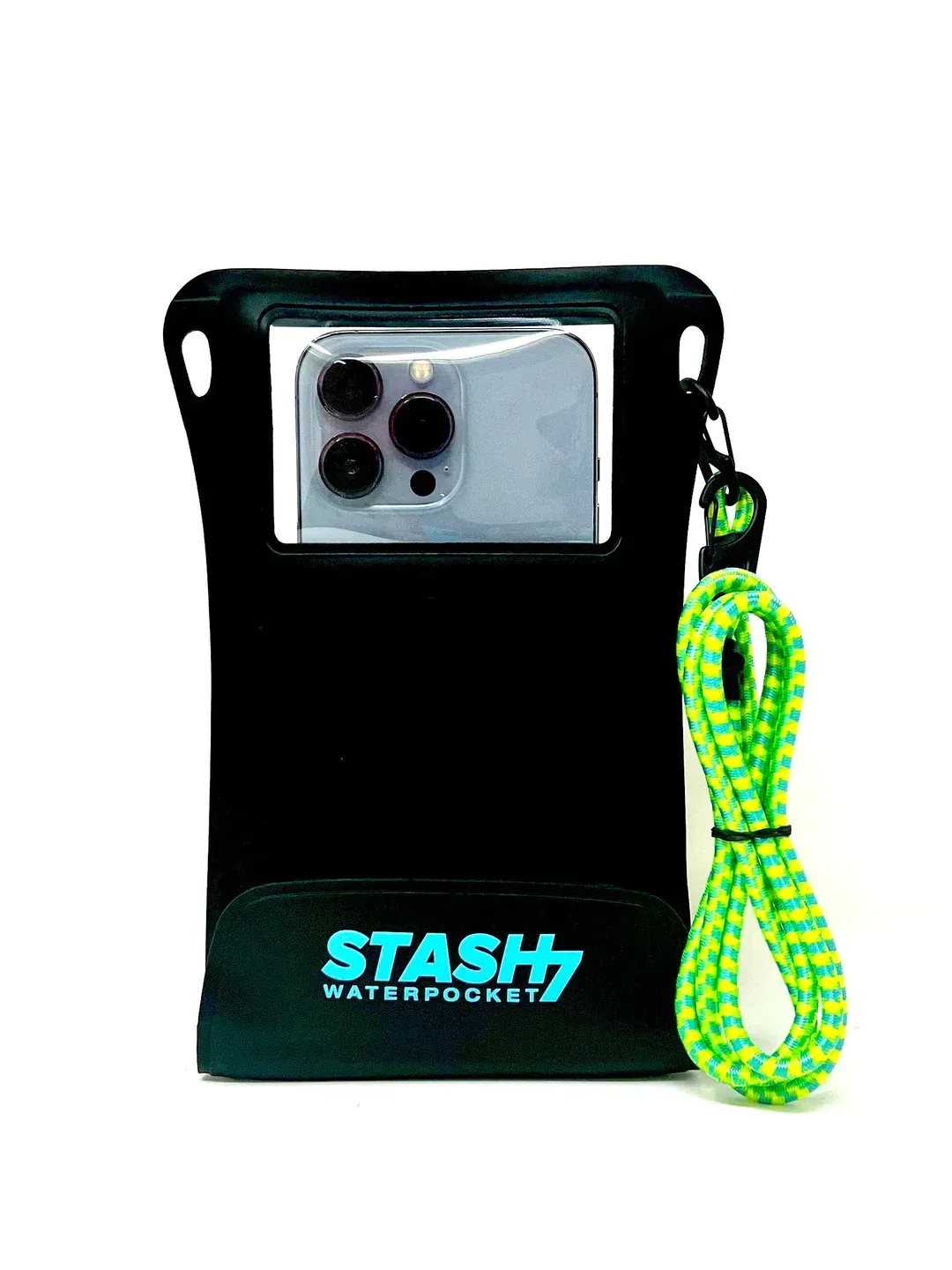 A black waterproof case with a green lanyard attached to it.