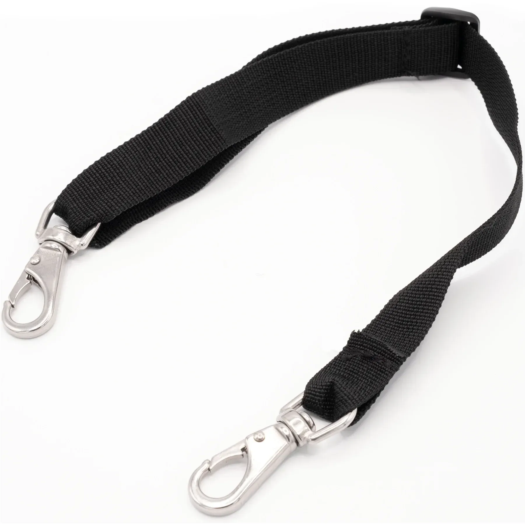 A black strap with two metal hooks on it