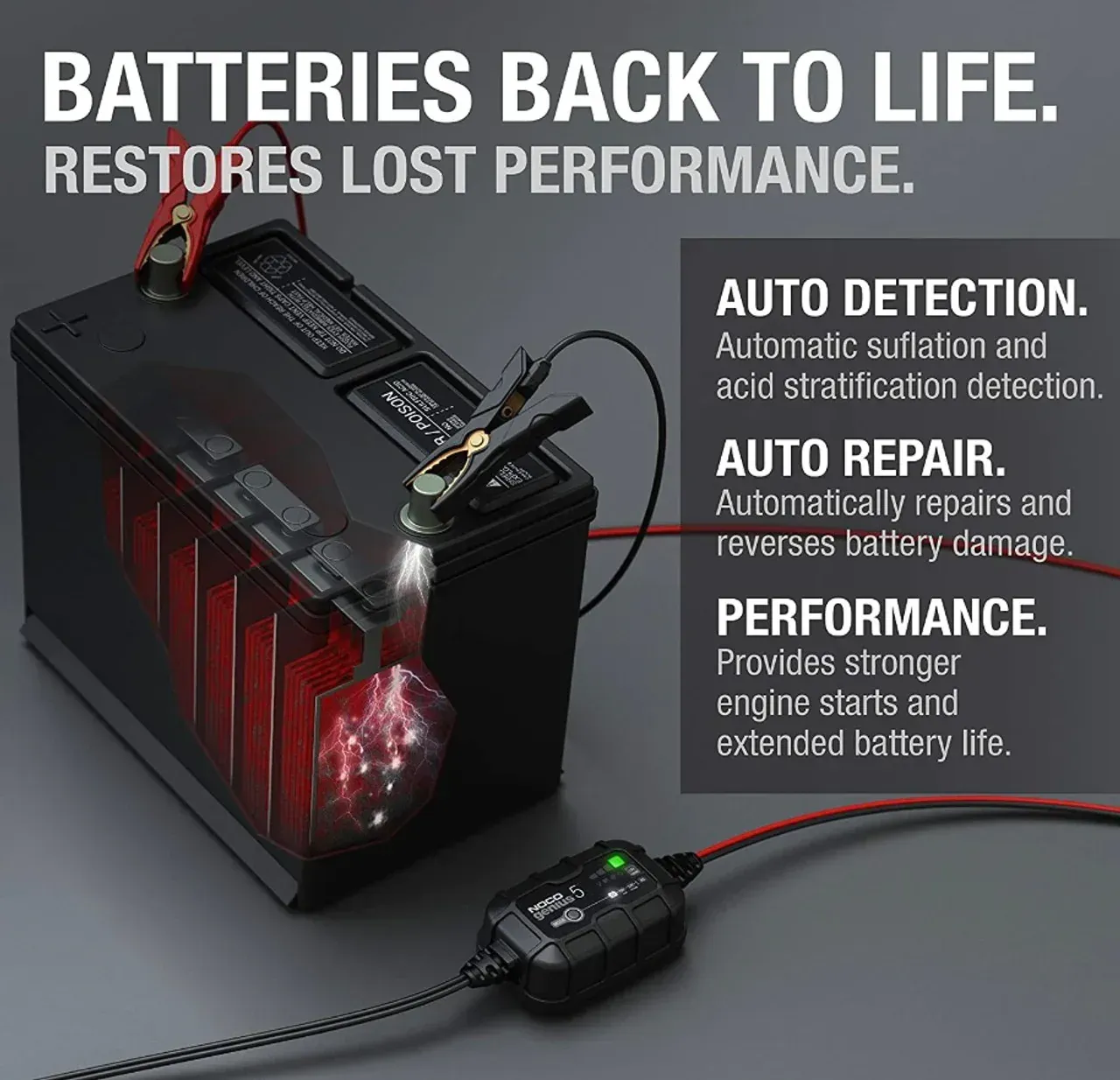 A picture of a battery that says batteries back to life restores lost performance