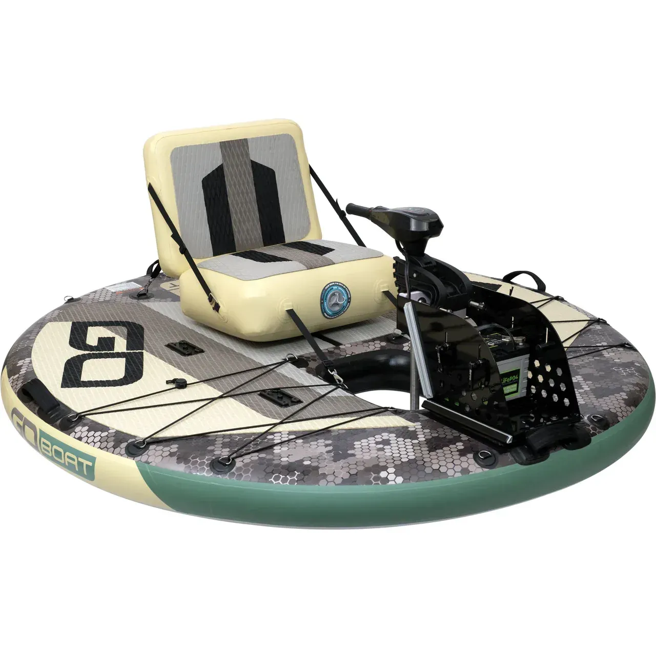 A raft with a seat and a motor attached to it.