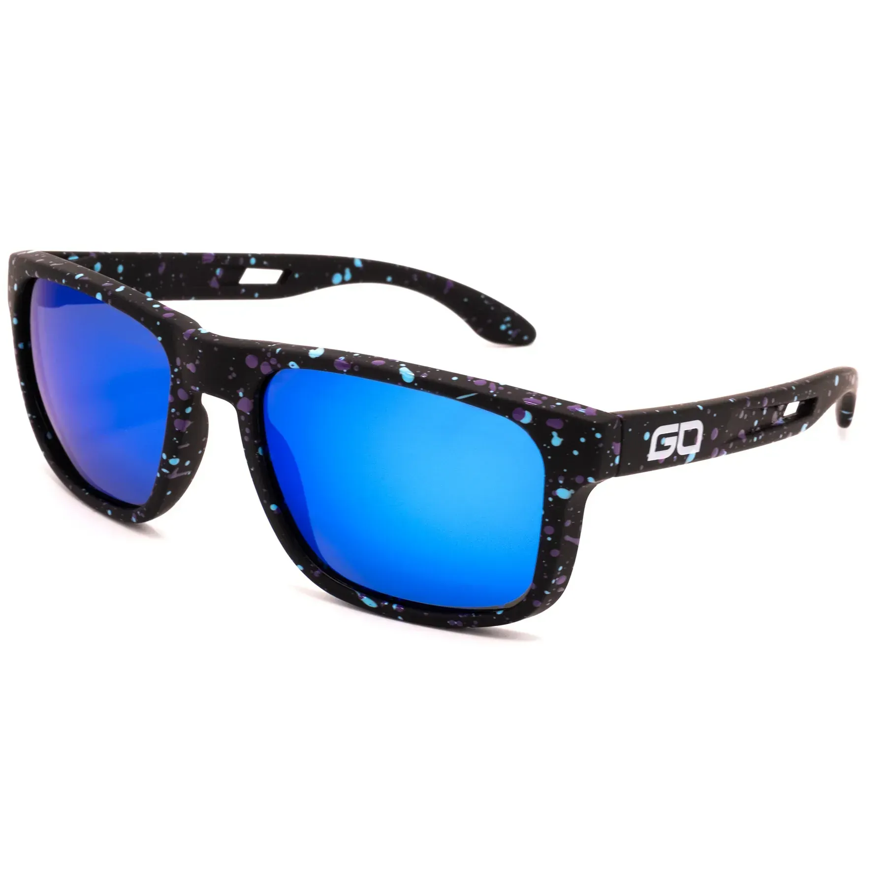 A pair of sunglasses with blue lenses on a white background.
