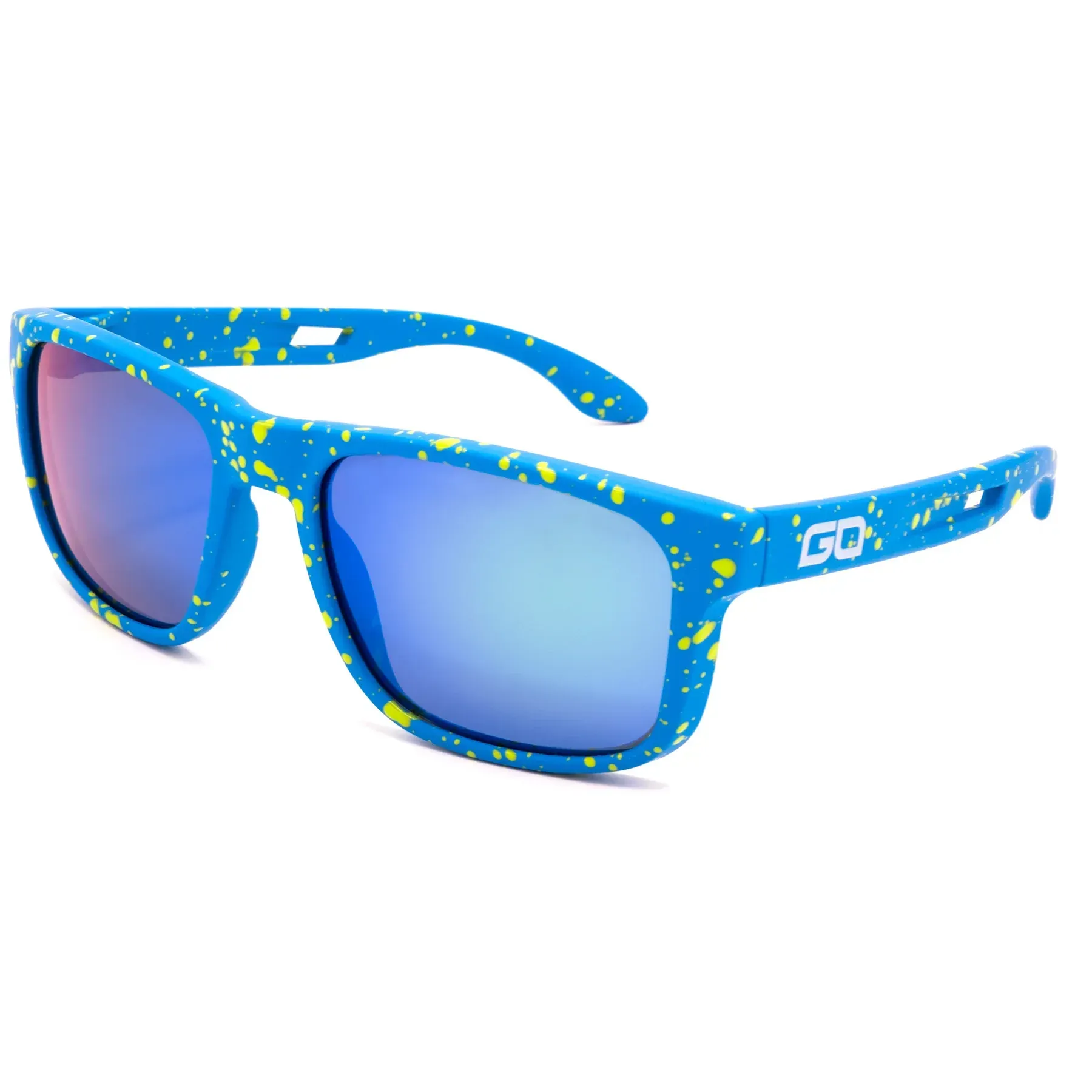 A pair of blue and yellow sunglasses on a white background.