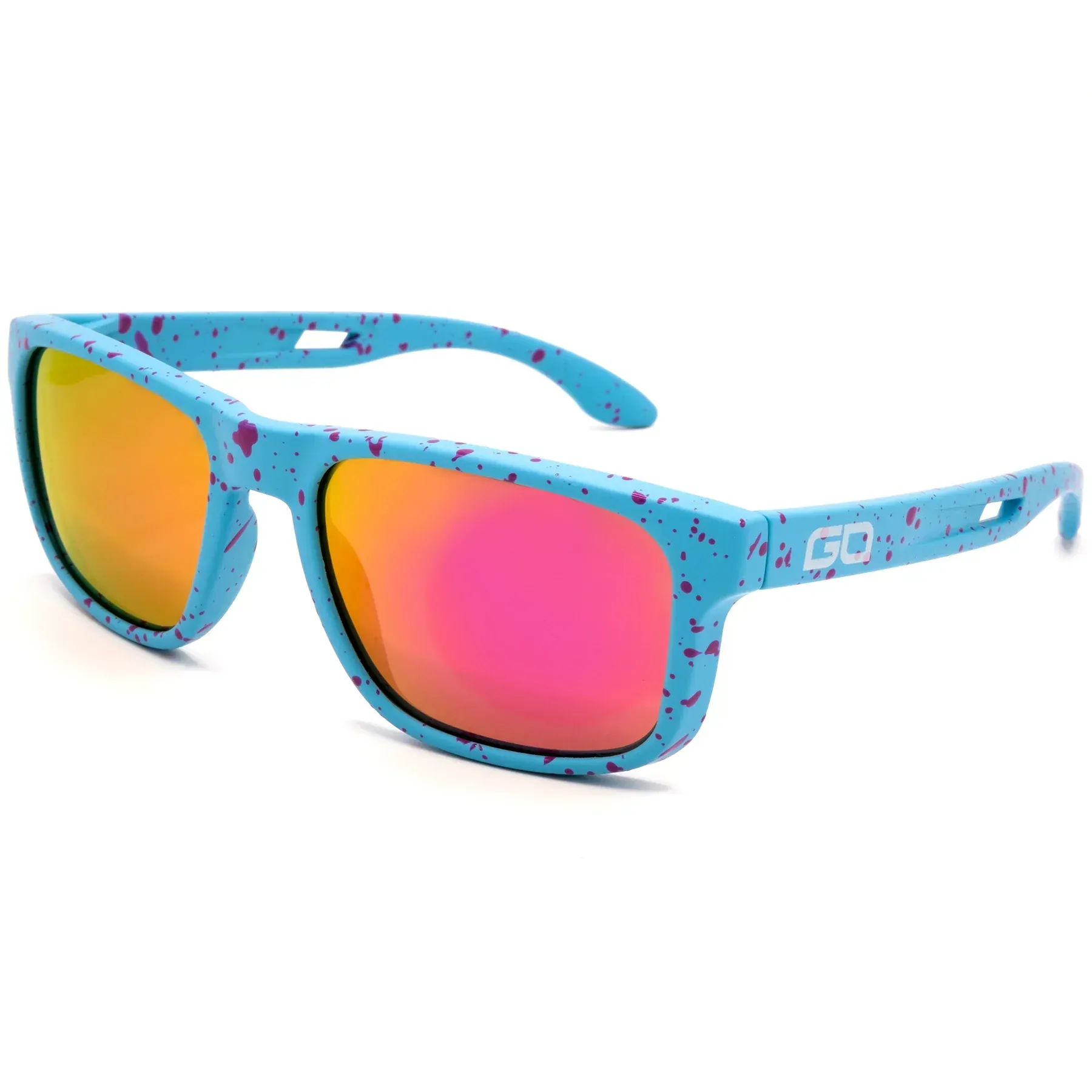 A pair of sunglasses with a blue frame and pink lenses