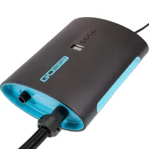 A black and blue device that says go boat on it