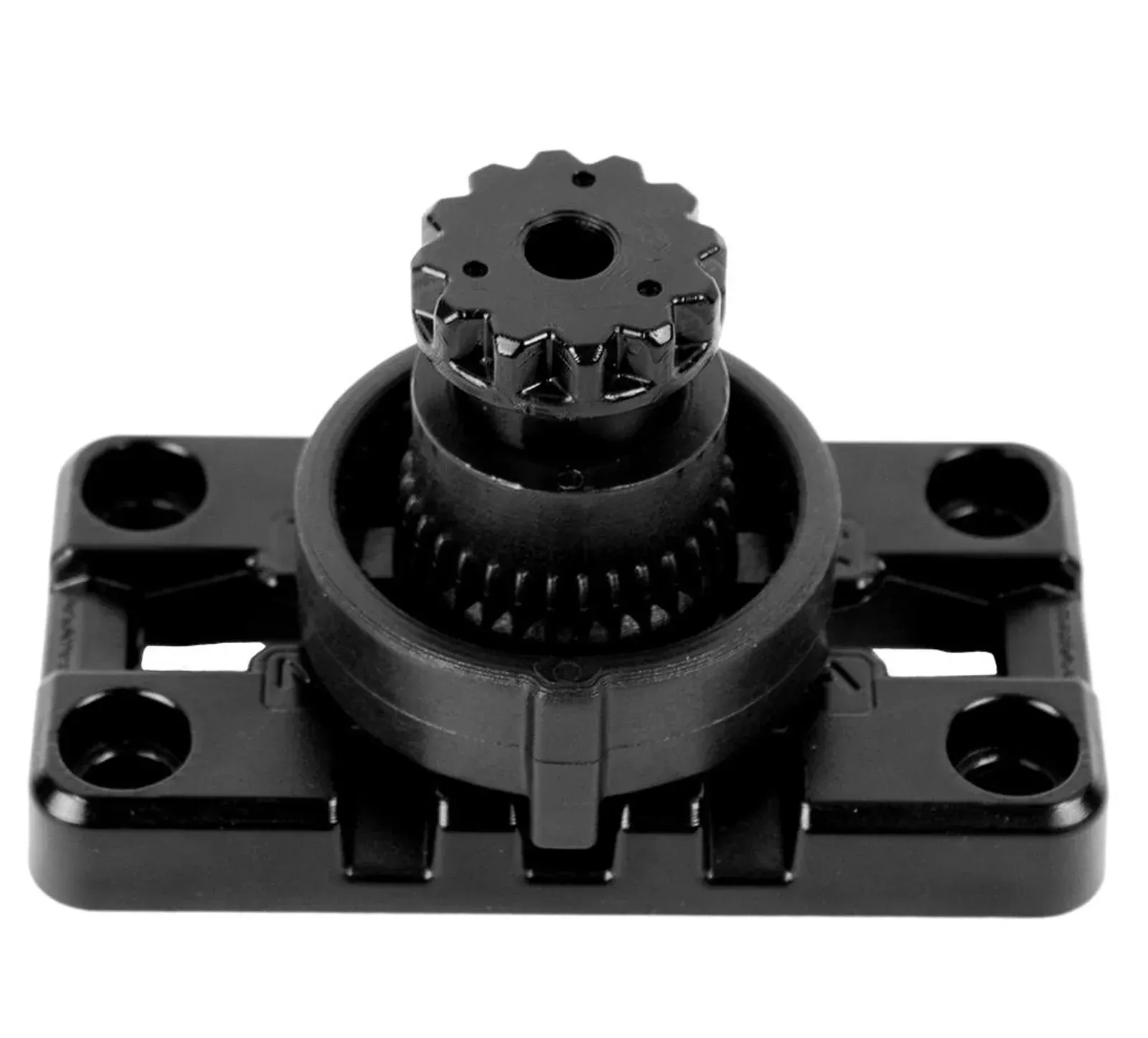 A close up of a black plastic gear on a white background.