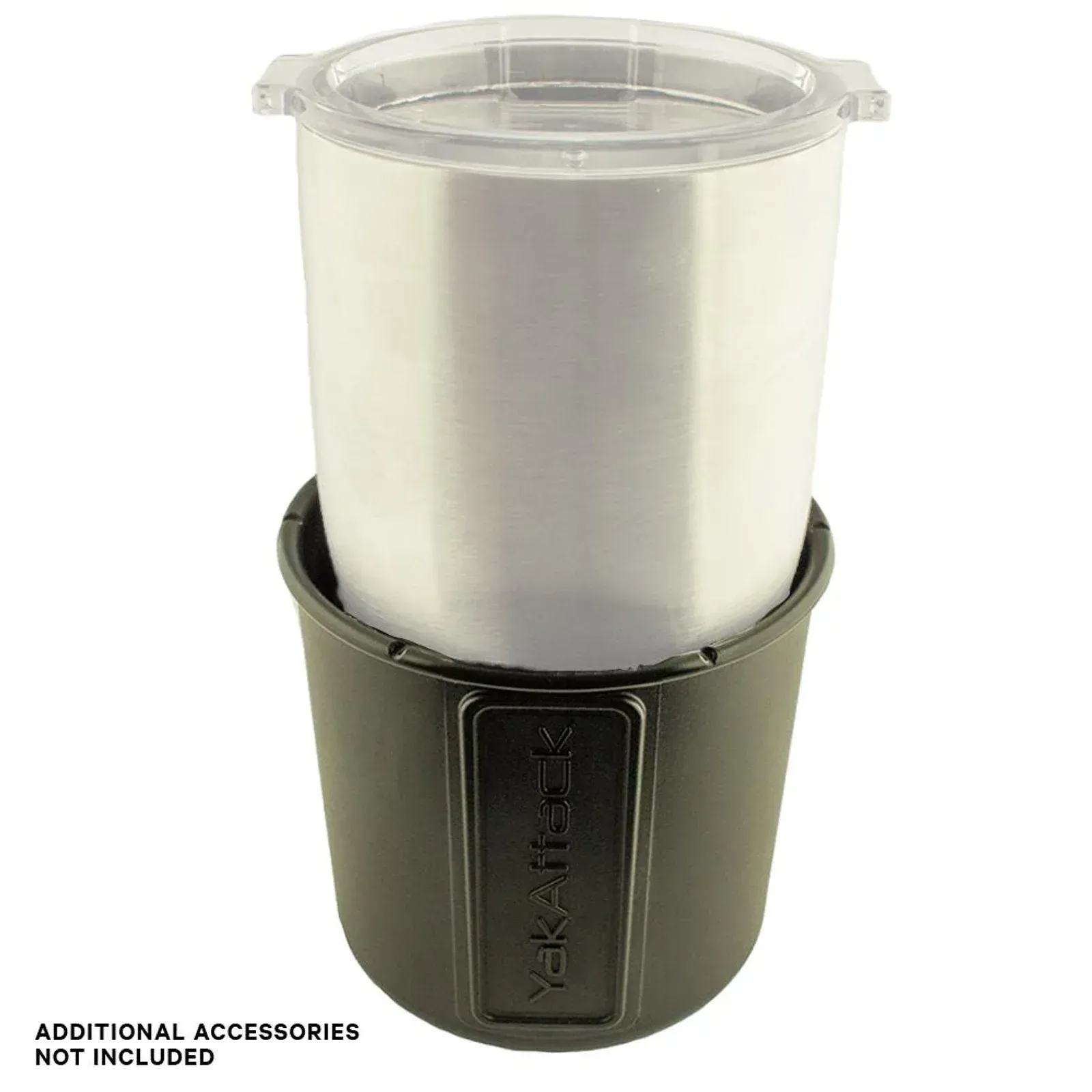 A stainless steel tumbler is sitting on top of a black cup holder.