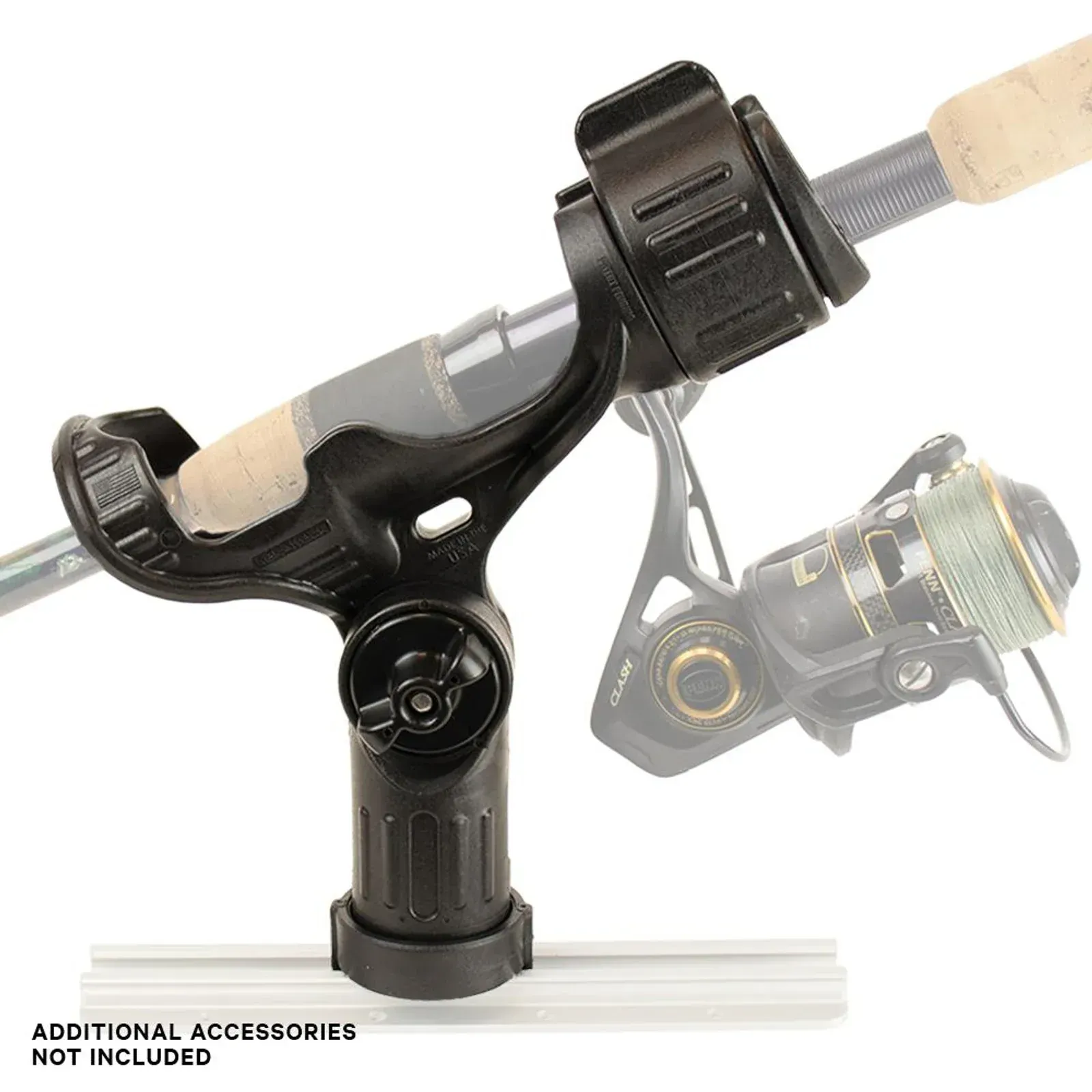 A fishing rod holder with a fishing reel attached to it.