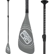 A paddle with a gray blade and a black handle on a white background.
