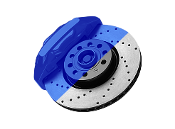 Blue brake caliper and rotor assembly with drilled holes. | Seth's Auto Care