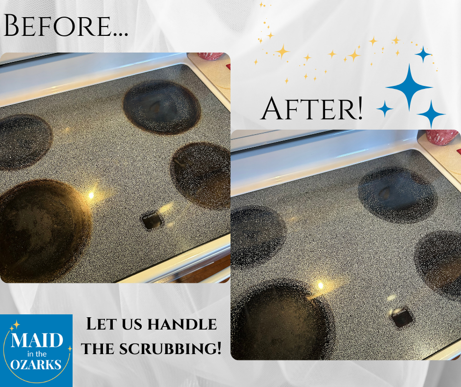 Before and after photos of a clean stovetop. Maid service advertisement.