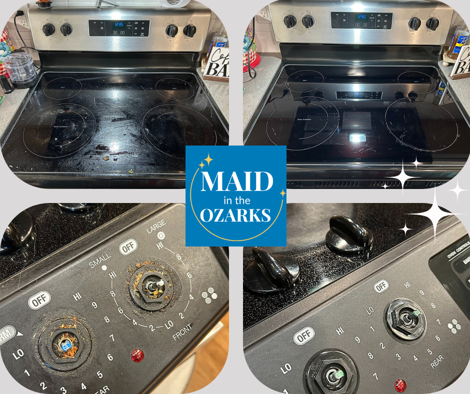Before and after stove cleaning: stovetop and burner knobs, shiny after cleaning.