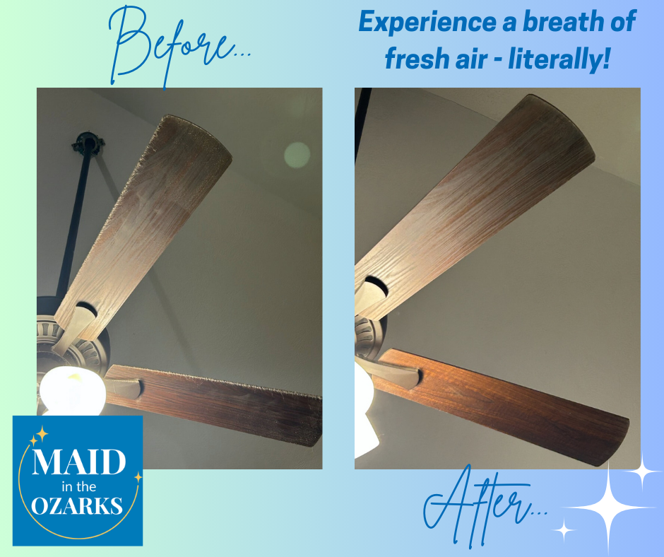 Before/After of a ceiling fan with dusty blades cleaned to look new.