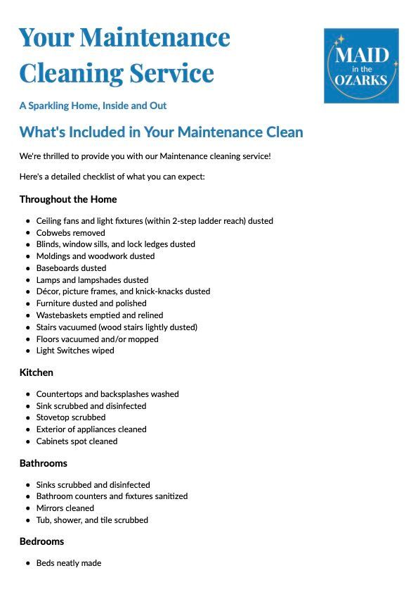 Cleaning service checklist; text on a white background with a logo.