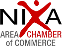 Nixa Area Chamber of Commerce logo with red figure in X shape. Text: 