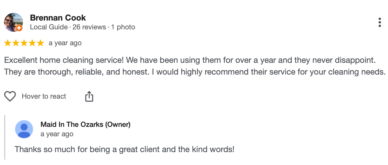 Review of a home cleaning service with 5-star rating. User praises thorough, reliable, and honest service.