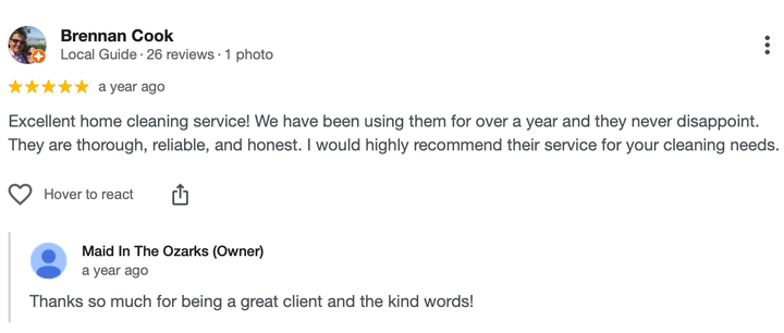Review of a home cleaning service with 5-star rating. User praises thorough, reliable, and honest service.