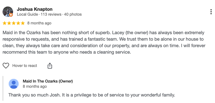 Customer review of Maid in the Ozarks by Joshua K. and a response from the owner.