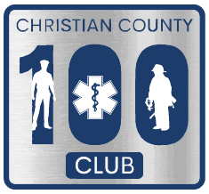 Christian County 100 Club logo: Policeman, medical star, and firefighter silhouettes on silver and blue square.