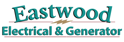 Eastwood Electrical & Generator logo. Teal text, brown lightning bolt, and maroon lines.