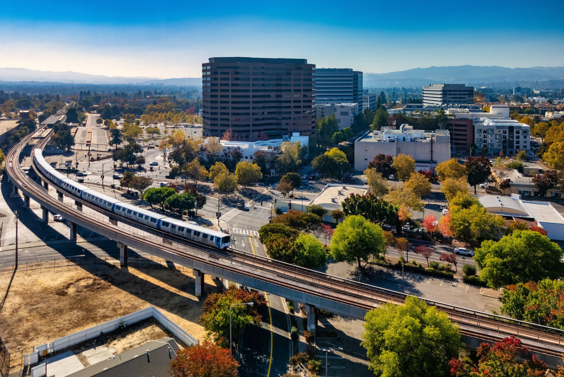 Concord, California Elevated Skyline View With BART Train.